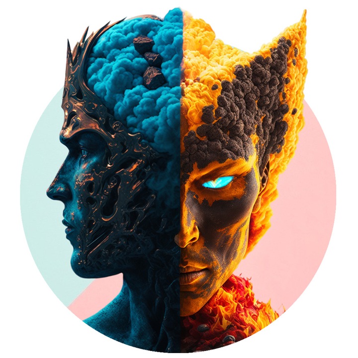 Sticker Cu Barbati, Dualitate, Elemente Ale Naturii, Fantasy, Lava, Foc, cu Margini Albe, PVC Vinyl 23 cm