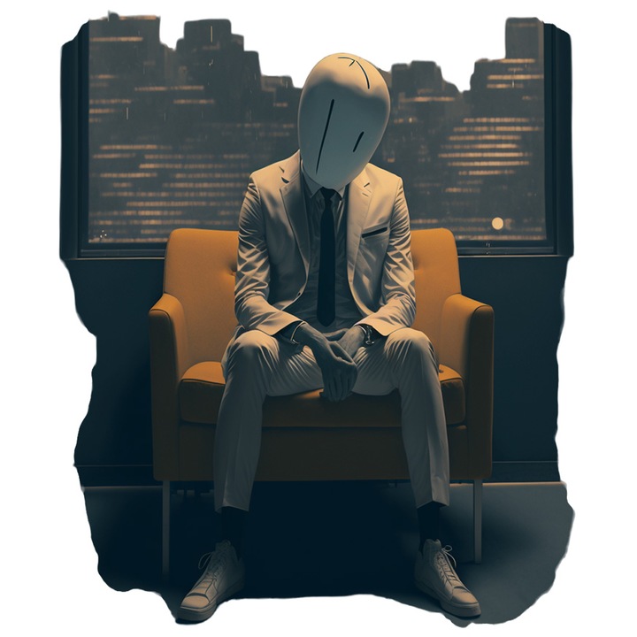 Sticker Cu Barbat, Masca, Oras, Costum, Fotoliu, Personaj, cu Margini Albe, PVC Vinyl 10 cm