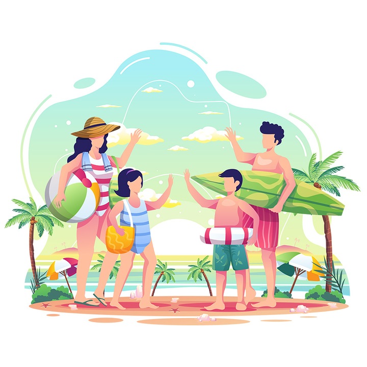 Sticker Cu Apus, Plaja, Mare, Familie, Surf, cu Margini Albe, PVC Vinyl 40 cm