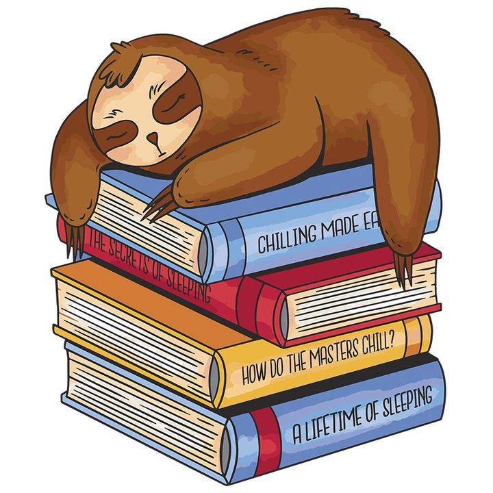 Sticker Cu Animal, Lenes, Teanc De Carti, Somn, Relaxare, cu Margini Albe, PVC Vinyl 28 cm