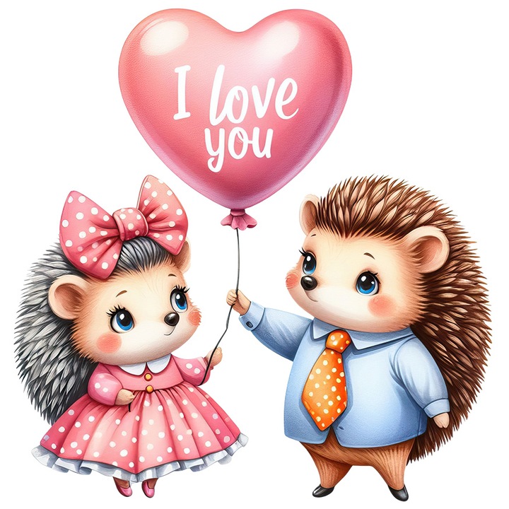 Sticker cu 2 arici timizi, ilustratie, rochita, roz, buline albe, balon cu mesajul "I love you", ilustratie, iubire, apreciere, prietenie, cu Margini Albe, PVC Vinyl 10 cm 605