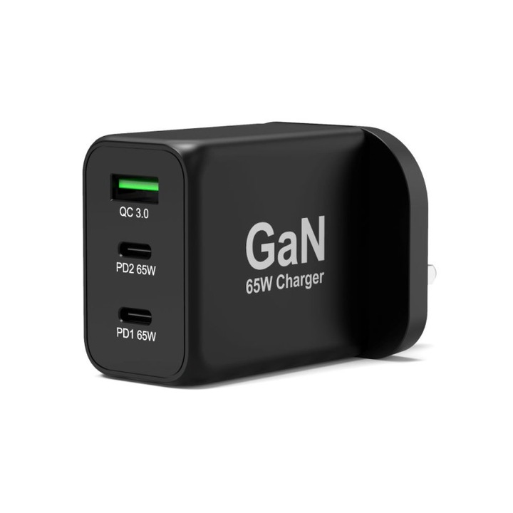 Incarcator GaN 65W negru, 2x USB C, USB A 3.0