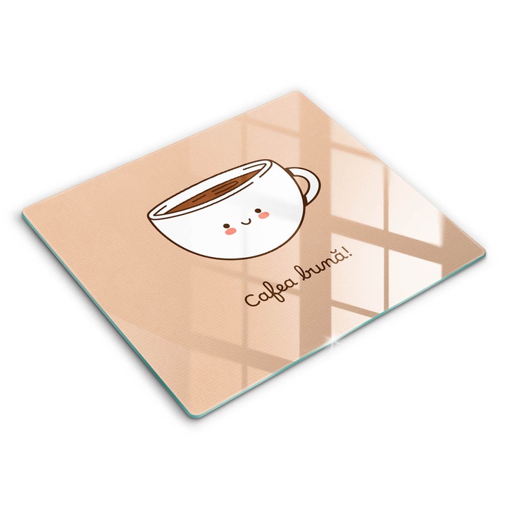 Tocatoare de bucatarie, Wallfluent, din sticla, 60x52 cm, Motiv: Pofta buna la cafea!, Maro, 010010520040000273951