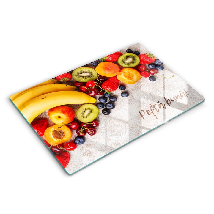 Tocatoare de bucatarie, Wallfluent, din sticla, 80x52 cm, Fructe, Pofta buna!, Multicolor, 010010520060000274907