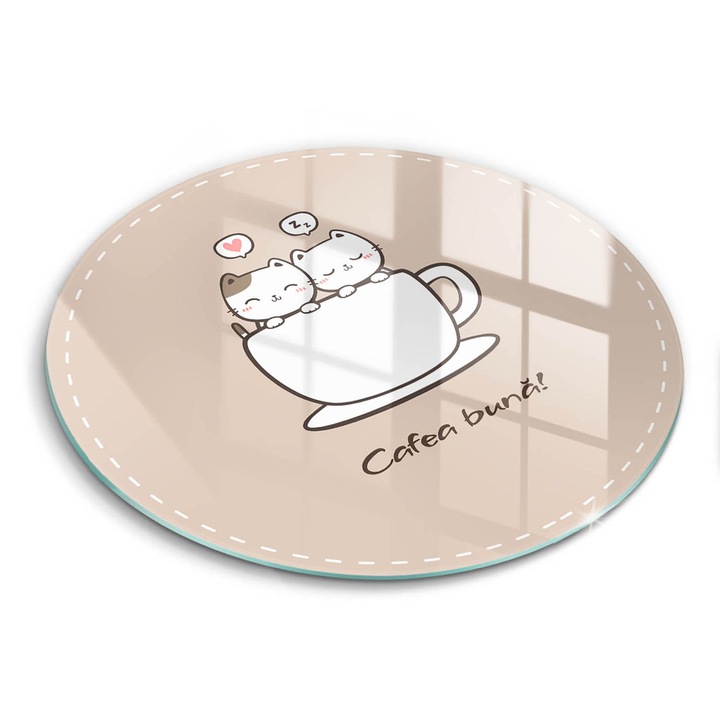 Tocatoare de bucatarie, Wallfluent, din sticla, Ø30 cm, Motiv: Pofta buna la cafea!, Bej, 010010520070000274761