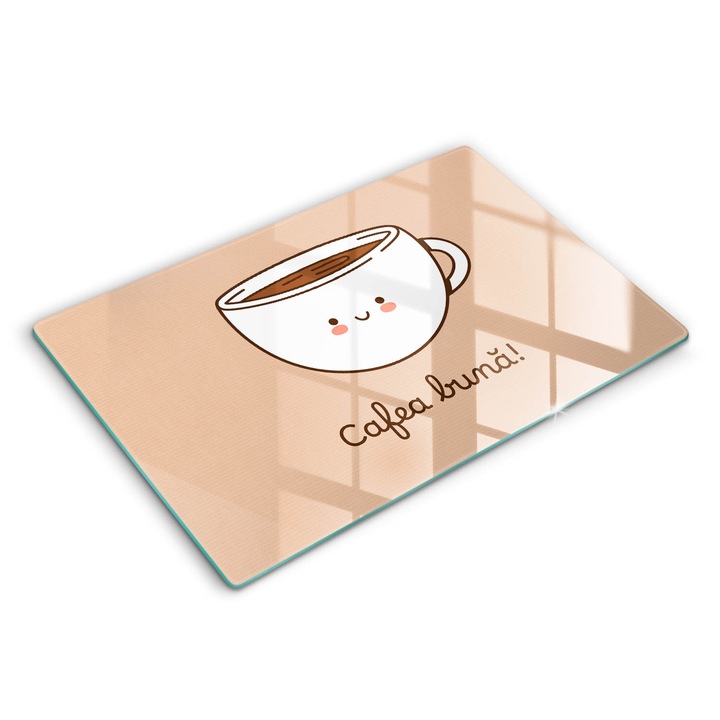 Tocatoare de bucatarie, Wallfluent, din sticla, 80x52 cm, Motiv: Pofta buna la cafea!, Maro, 010010520060000273951