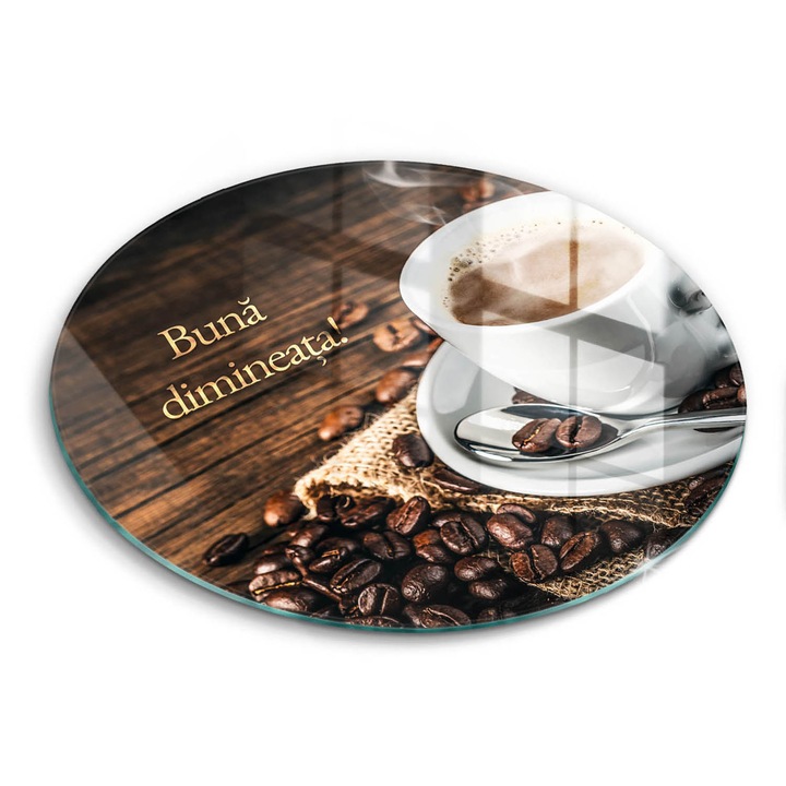 Tocatoare de bucatarie, Wallfluent, din sticla, Ø40 cm, Buna dimineata!, Maro, 010010520080000274379