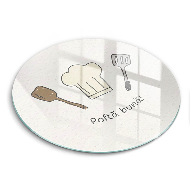 Tocatoare de bucatarie, Wallfluent, din sticla, Ø40 cm, Pofta buna!, Alb, 010010520080000275029