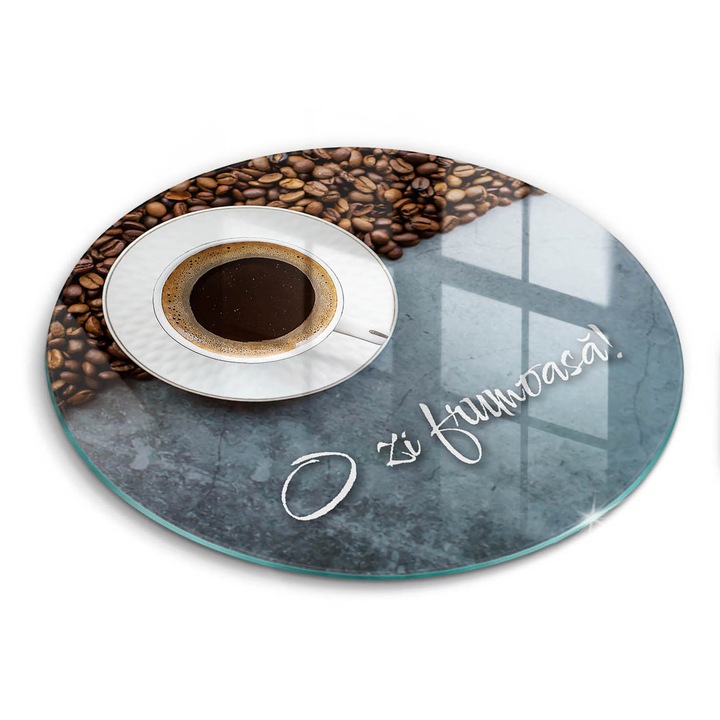 Tocatoare de bucatarie, Wallfluent, din sticla, Ø30 cm, O cana de cafea, O zi buna!, Gri, 010010520070000274016