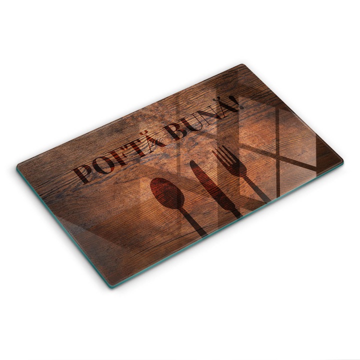 Tocatoare de bucatarie, Wallfluent, din sticla, 30x52 cm, Motiv: Pofta buna!, Maro, 010010520110000274204