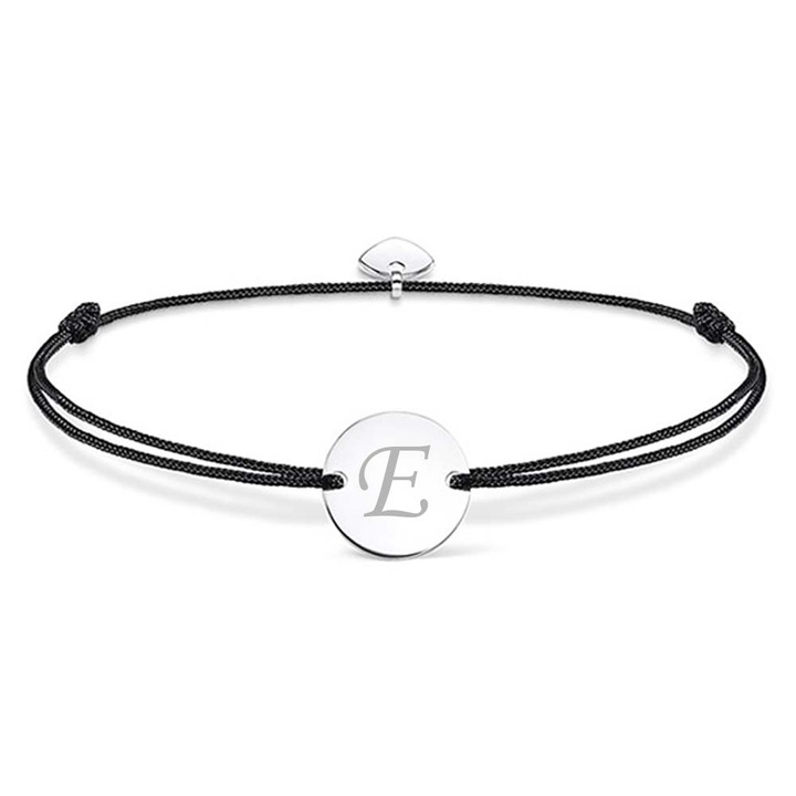 Bratara ajustabila, cu banut rotund si inima, argintiu, gravat litera E, snur negru, Dalimag