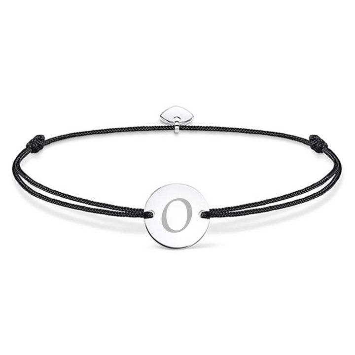 Bratara ajustabila, cu banut rotund si inima, argintiu, gravat litera O, snur negru, Dalimag