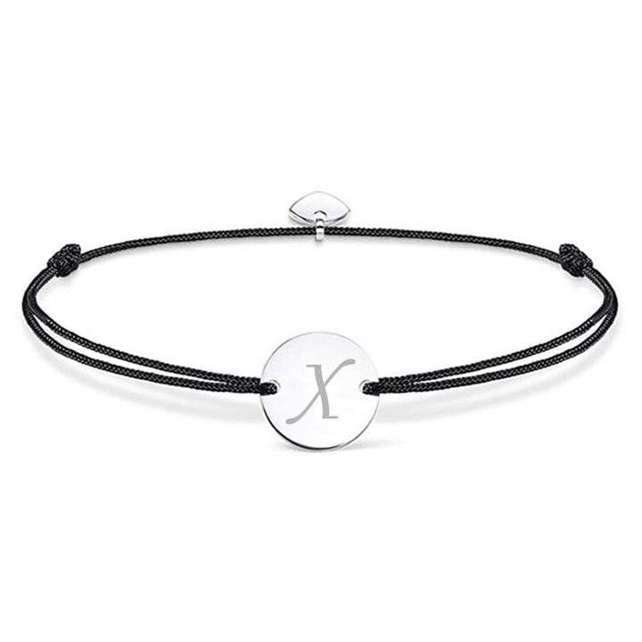 Bratara ajustabila, cu banut rotund si inima, argintiu, gravat litera X, snur negru, Dalimag