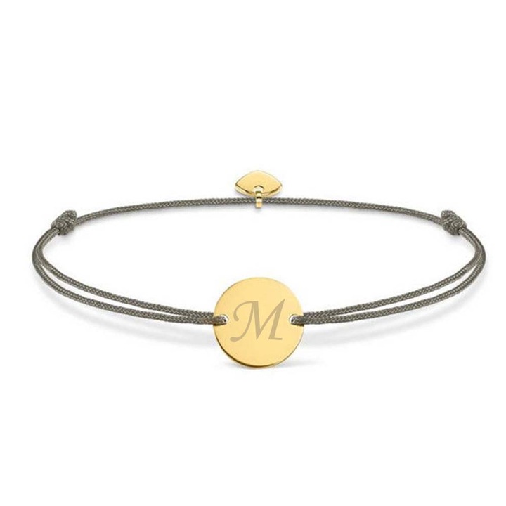 Bratara ajustabila, cu banut rotund si inima, auriu, gravat litera M, snur gri, Dalimag