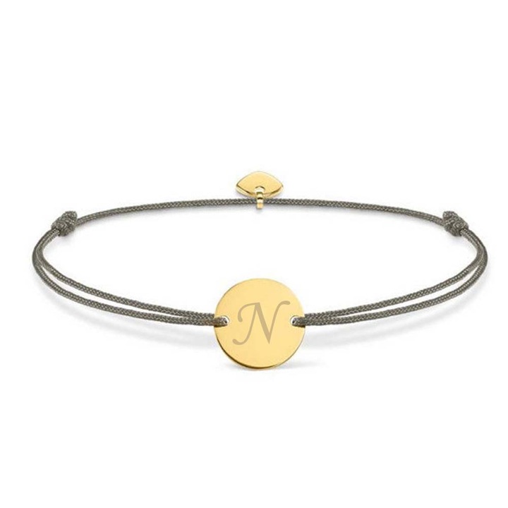 Bratara ajustabila, cu banut rotund si inima, auriu, gravat litera N, snur gri, Dalimag