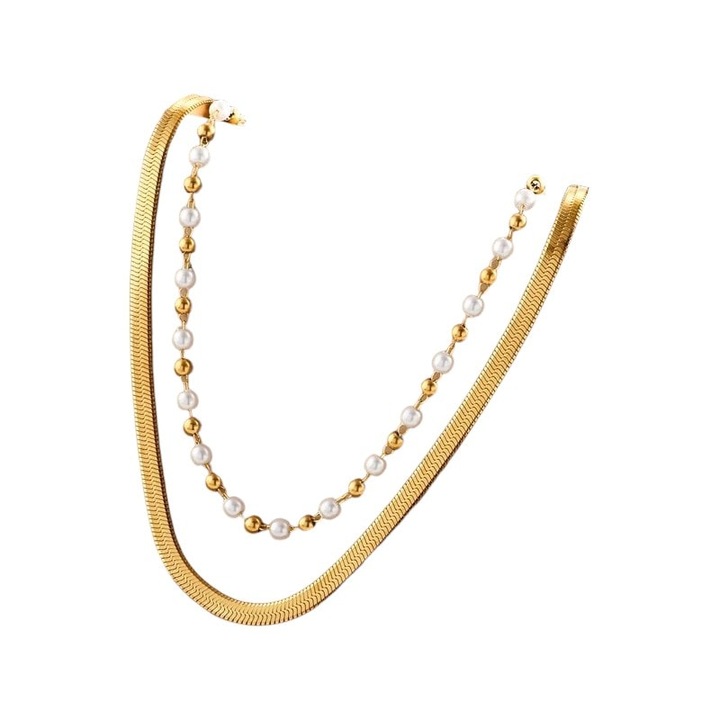 Colier auriu, in 2 straturi, din otel inoxidabil, cu perle, suflat cu aur 18k, Raisa C5