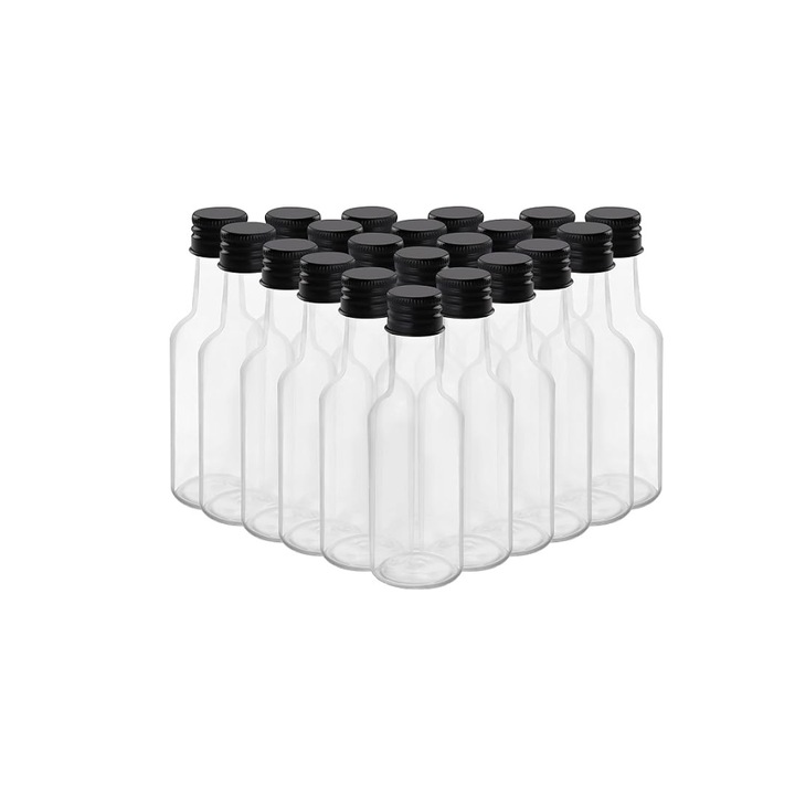 Set de 24 de sticle mici de bauturi alcoolice, din plastic reutilizabile, capac negru, cu palnie pentru turnare si umplere usoara, Transparent