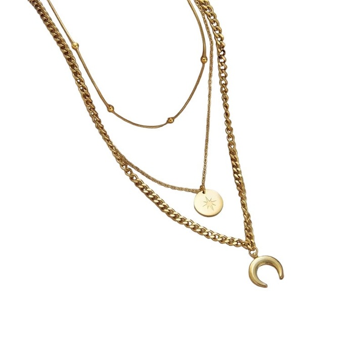 Colier auriu, in 3 straturi, din otel inoxidabil, cu banut si semiluna, suflat cu aur 18k, Ragna C9