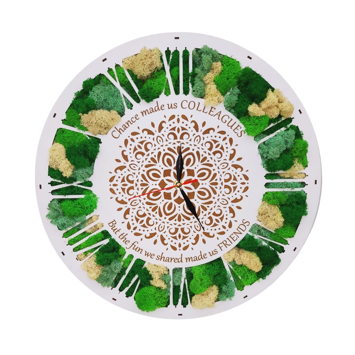 Ceas cadou pentru coleg/colega "Chance made us colleagues" - realizat din lemn si licheni stabilizati, Rica Dreamart, 40 cm