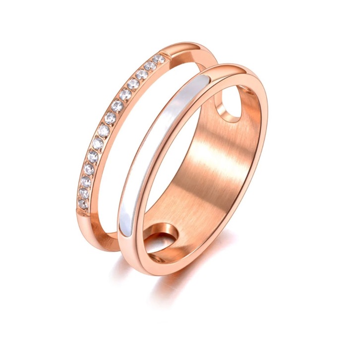 Inel Dublu cu Sidef si Cristale, Stainless-steel, Rose-Gold/Alb