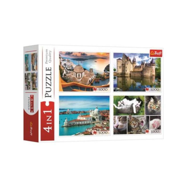 Trefl 1930825 Santorini, Velence, Sully-sur-Loire kastély és macskák puzzle 4x1000 db - Trefl