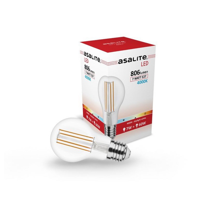 Asalite LED Izzó A60 filament gömb E27 7W 4000K (806 lumen)