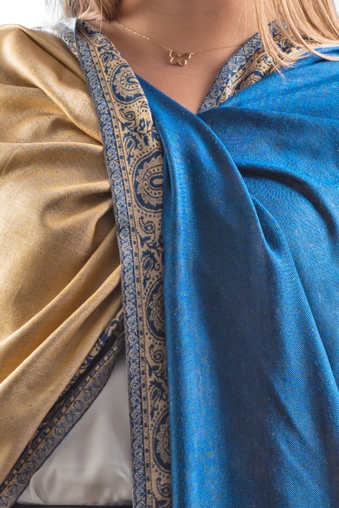 Esarfa Cara Casmir reversibila Paisley India, albastru-bej