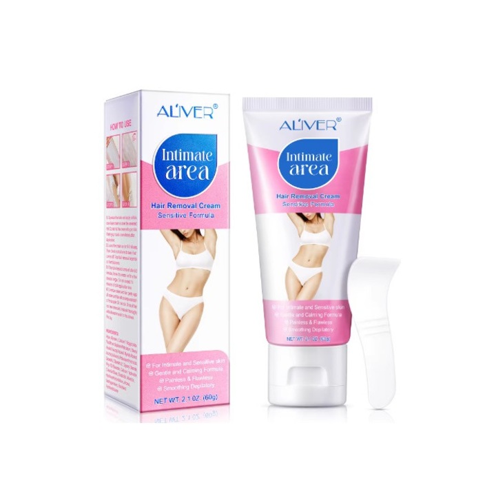 Крем депилатоар за жени, Aliver, трайно, бързо и ефективно премахване на косми по тялото, безболезнено, интимна зона, лице, подмишници, крака, свеж аромат, натурални съставки, 60g