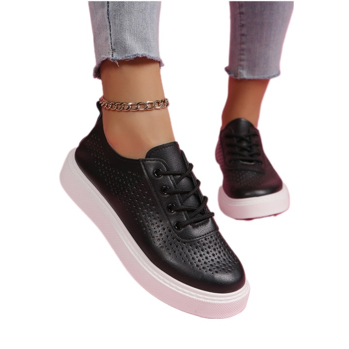 Pantofi dama sport, negru, talpa inalta, perforati, Negru