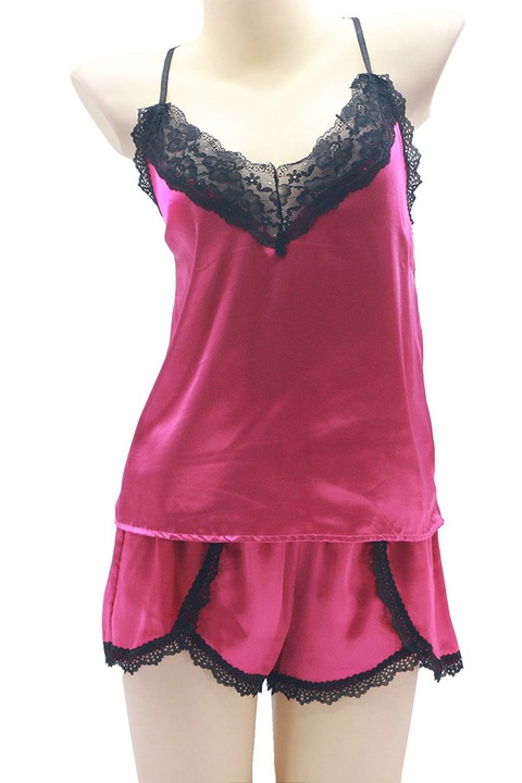 Set pijama doua piese cu insertii dantela, maiou si pantaloni scurti S-372roz inchis 98513, Roz inchis, S-M