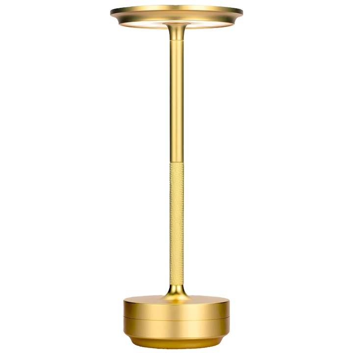 Lampa LED metalica ACV Premium, 3 moduri iluminare, control Touch, fara fir, acumulator 2600mAh, incarcare USB-C, 28 x 13 cm, auriu