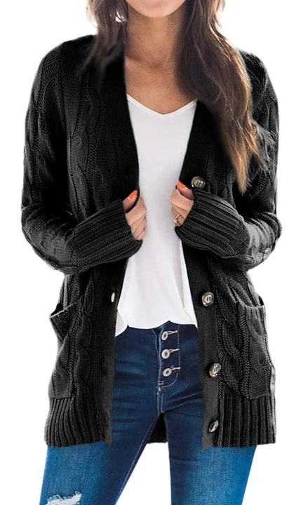 Rövid, fekete kötött pulóver 2 zsebbel és gombos női, xl-es méret, Blencot