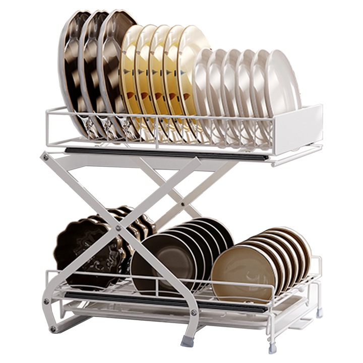 Organizator cu uscator vase Destello, Reglabil pe 2 inaltimi 32/38cm, Raft Solid, 2 Nivele culisante, Scurgere apa, Pana la 15kg, Sistem glisare sertare pe sina, Pentru depozitare farfuri si bolouri, Dimensiune baza 42x32cm - Metal alb