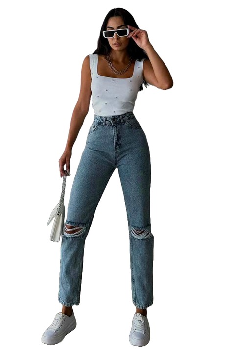 Blugi boyfriend NEW Delhi, cu perforatii ample la genunchi, Denim Blue