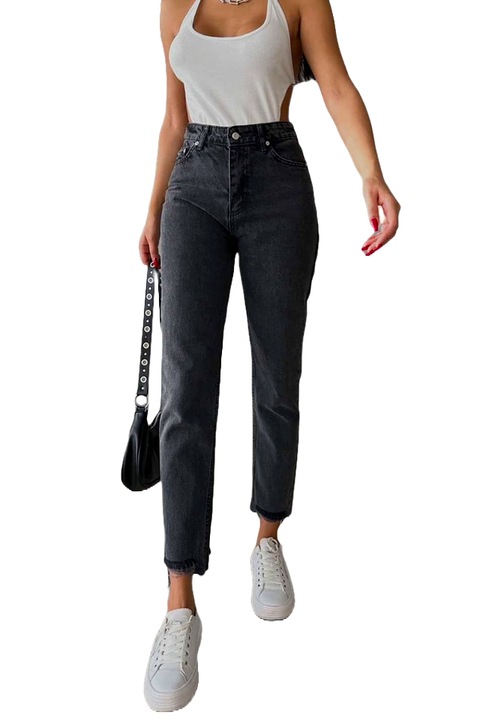 Blugi mom slimfit Colombo, cu perforatii la baza piciorului, Negru