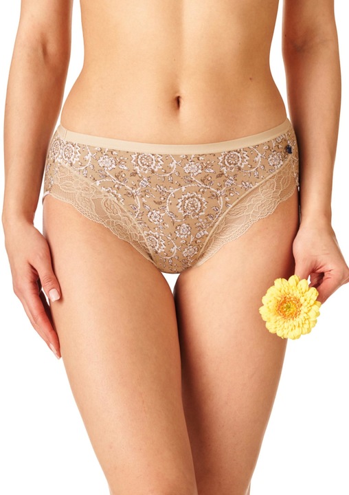 Set 2 perechi chiloti midi bikini, KEY, dantela, print oriental, bej si portocaliu, XXL