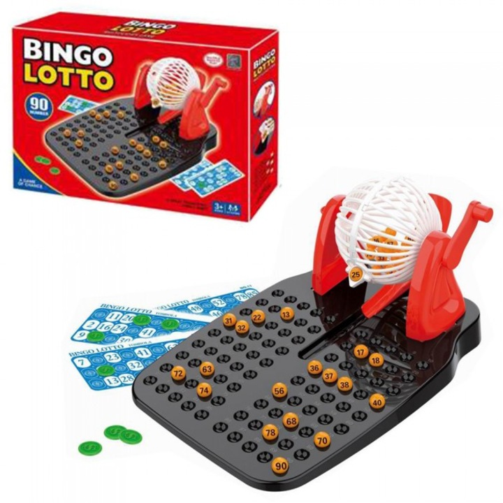Bingo társasjáték, Askato, 90 szám, 25x17.5x12cm, kártya és zseton készlettel