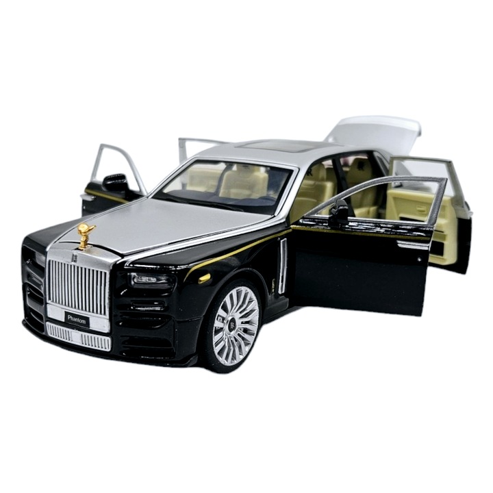 Rolls Royce Phantom limuzin fémautó, 3 valósághű hang, Fényszórók és hátsó lámpák világítanak, Ajtók, motorháztető és csomagtartó nyitva, Elemek, 18 cm, Fekete, 1:32 méretarány