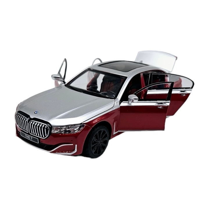 Метална количка BMW Серия 7, 3 реалистични звука, Светят фарове и стопове, Отворени врати, капак и багажник, Батерии в комплекта, 22 см, Червен, Мащаб 1:24
