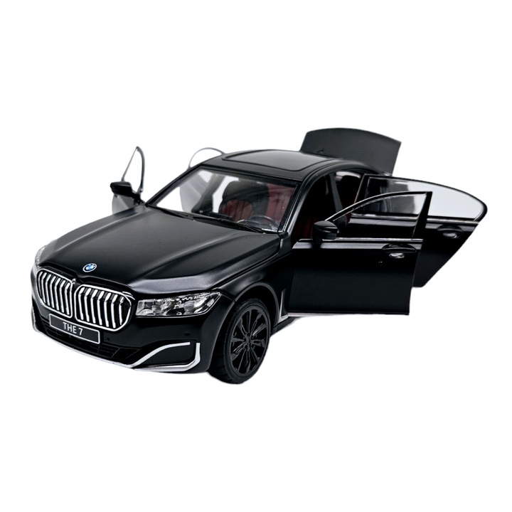 Метална количка BMW Серия 7, 3 реалистични звука, Светят фарове и стопове, Отворени врати, капак и багажник, Включени батерии, 22 см, Черен, Мащаб 1:24