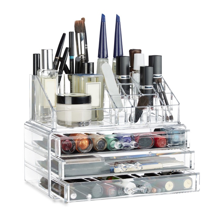 Organizator pentru produse cosmetice, 19 compartimente, 3 sertare, acrilic, transparent, 19 x 23 x 14 cm