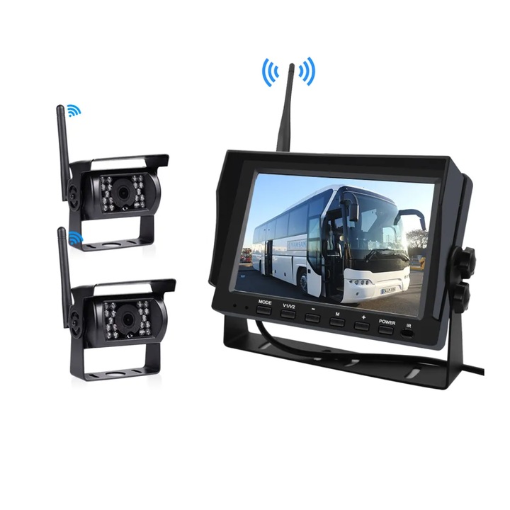 KIT vezeték nélküli 5mp autós megfigyelő kamerák, fém IR 7 hüvelykes monitorral, autókhoz, buszokhoz, teherautókhoz 12V-24V - 2 kamera