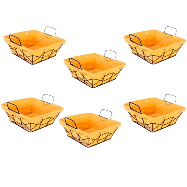 Set 6 cosuri servire paine patrate RAKI, 20x20x8cm, din metal si panza, galbene