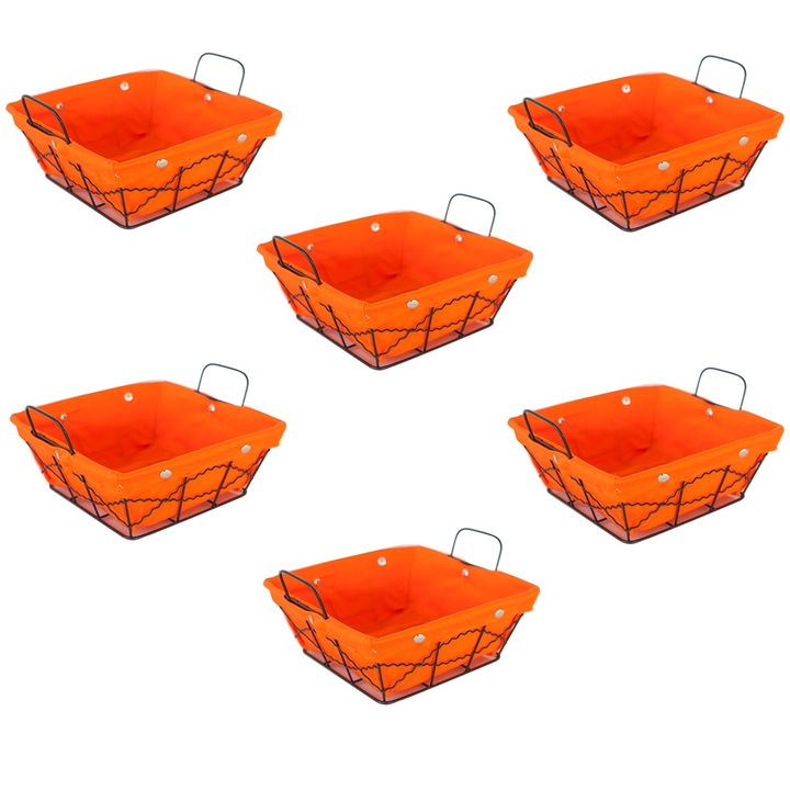 Set 6 cosuri servire paine patrate RAKI, 20x20x8cm, din metal si panza, orange