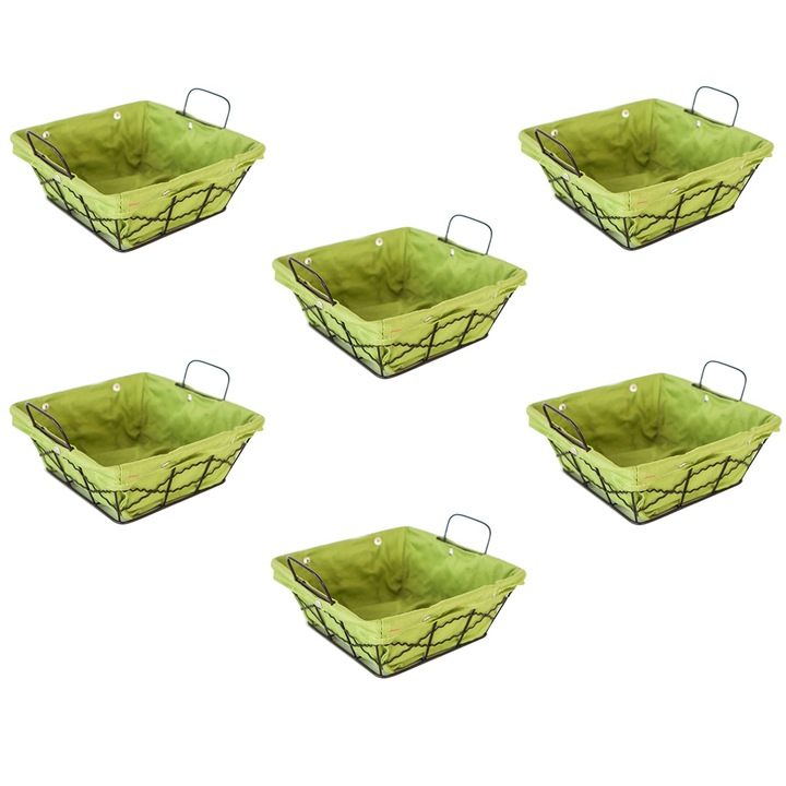 Set 6 cosuri servire paine patrate RAKI, 20x20x8cm, din metal si panza, verzi