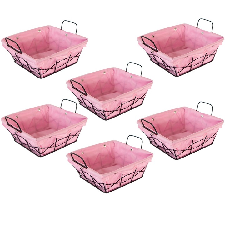 Set 6 cosuri servire paine patrate RAKI, 20x20x8cm, din metal si panza, roz