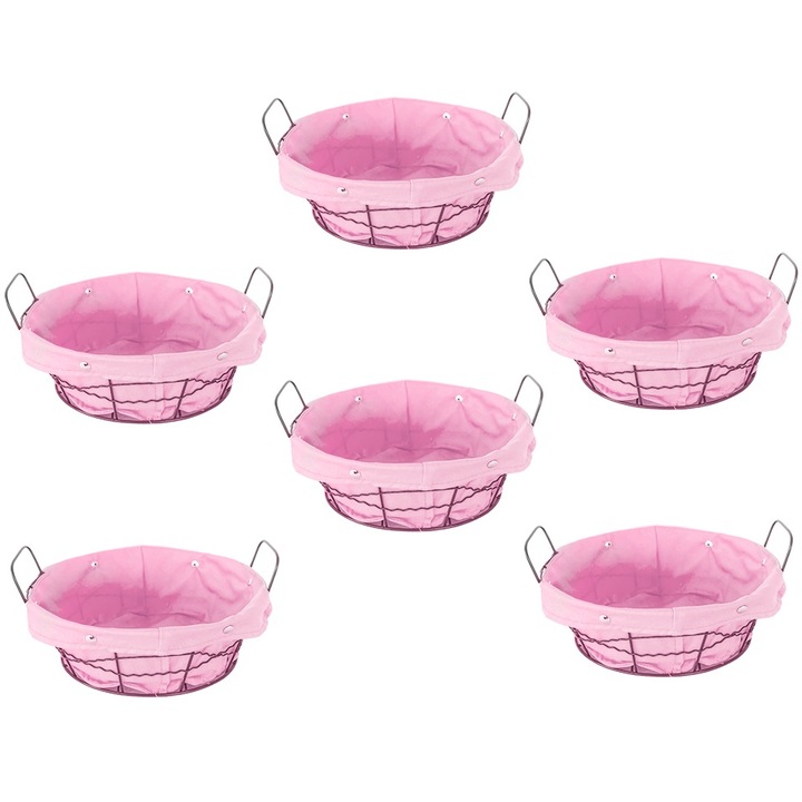 Set 6 cosuri servire paine rotunde RAKI, 23x8cm, din metal si panza, roz