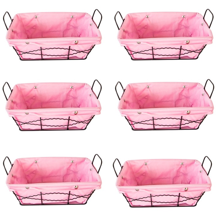 Set 6 cosuri servire paine dreptunghiulare RAKI, 23x18x8cm, din metal si panza, roz