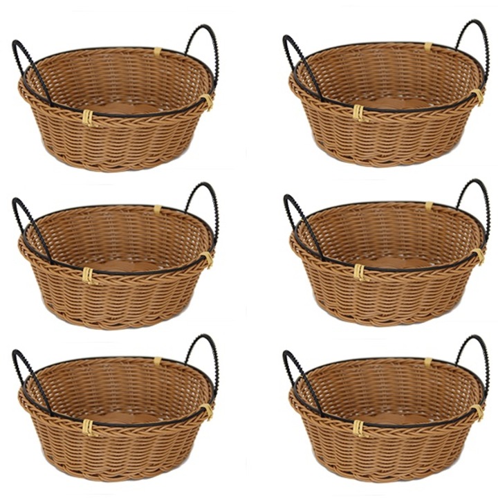 Set 6 cosuri servire paine/fructe/legume rotunde RAKI, D20xh7cm, poliratan, cu manere metal, maro