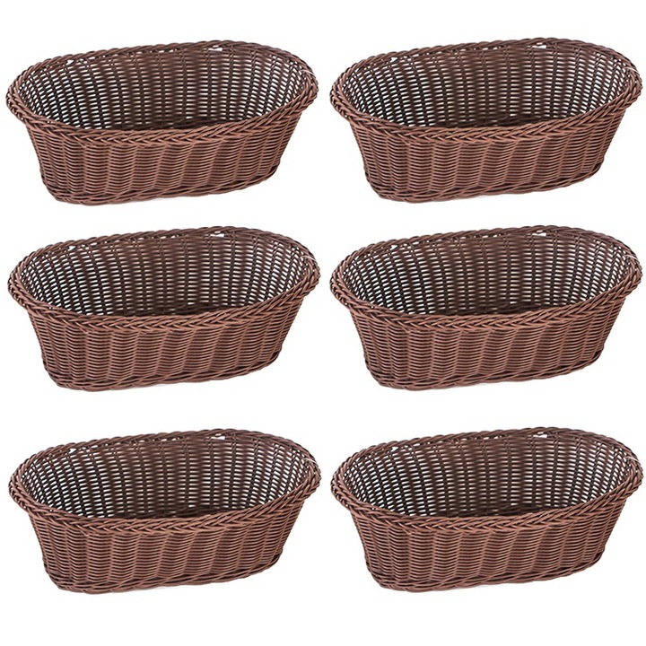 Set 6 cosuri servire paine/fructe/legume ovale RAKI, 28x17xh9cm, din poliratan, maro